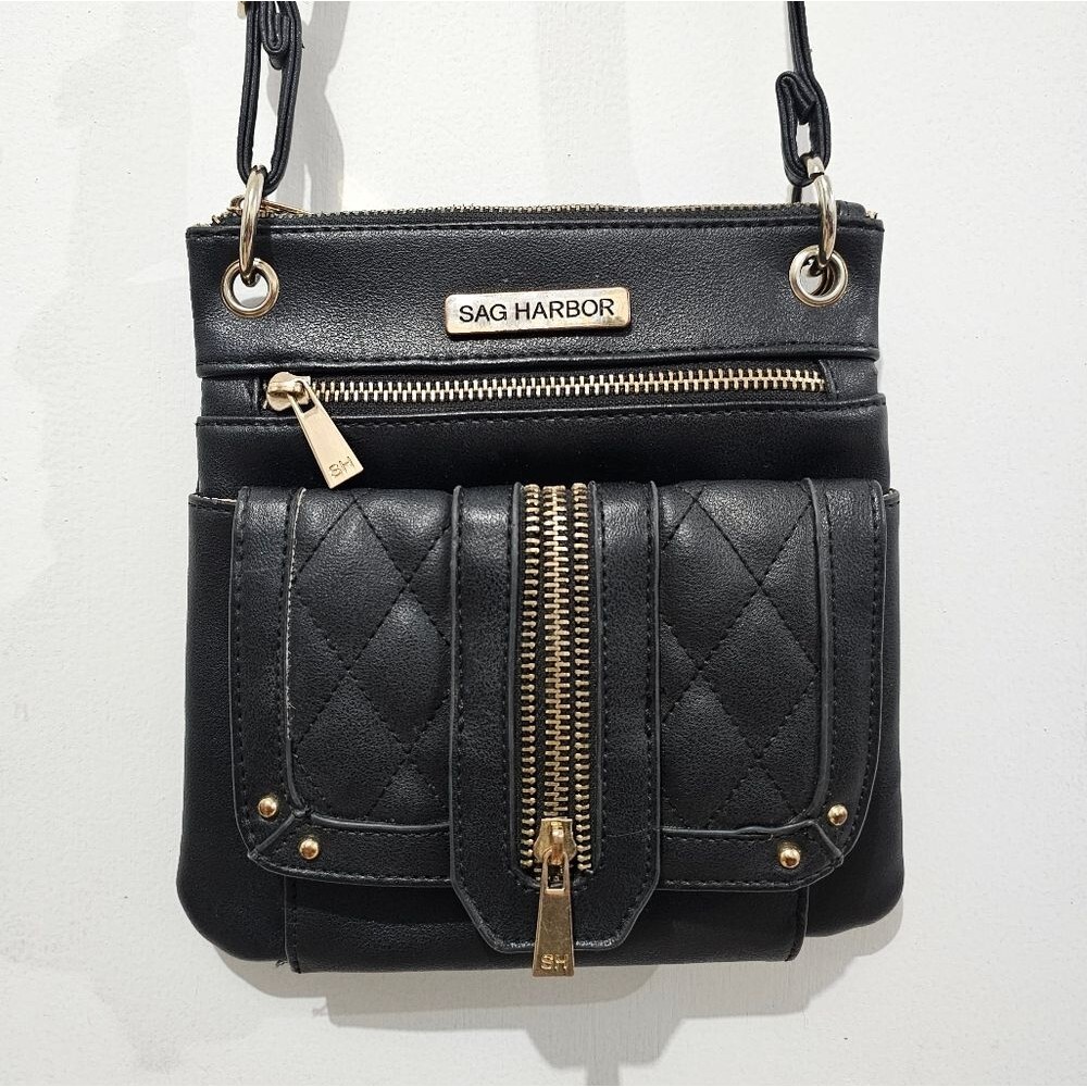 Sag Harbor -  Purse Cross Body Multiple Pockets - Black - Brass Hardware